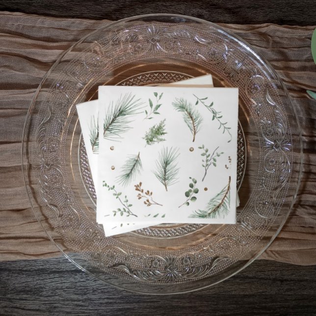 Serviette En Papier Noël À feuillage persistant Pine Trees Woods Cabin (Elegant modern simple Christmas party napkins or business holiday party napkins with evergreen sprig)