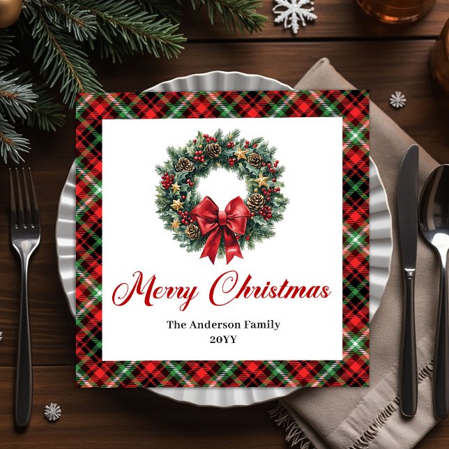 Serviette En Papier Noël aquarelle à la couronne de pin traditionnelle (Traditional Pine Wreath Watercolor Christmas Paper Dinner Napkins)