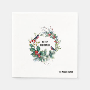 Serviette En Papier Noël Berries Wreath Joyeux Noël Typographie