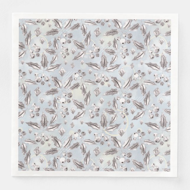 Serviette En Papier Noël, brindilles argentées, blanc, flocons de neig (Devant)