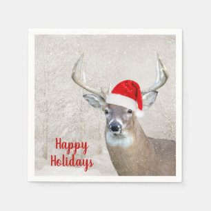 Serviette En Papier Noël Buck Deer avec le chapeau du Père Noël