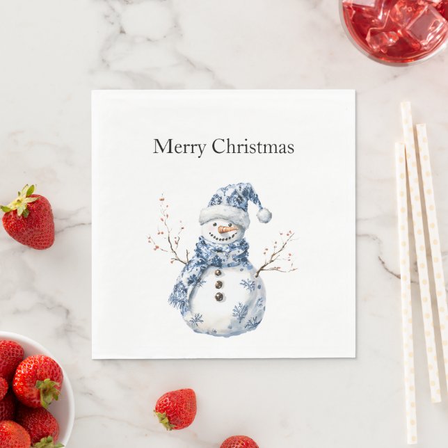 Serviette En Papier Noël Chic Bleu Blanc Snowman (En situation)