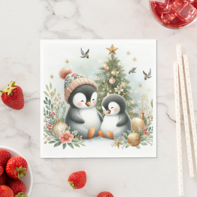 Serviette En Papier Noël des pingouins (En situation)