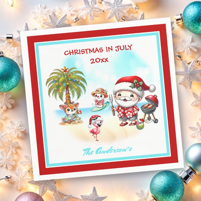Serviette En Papier Noël En Juillet Joli Père Noël Tropical Été (Christmas In July Cute Santa Tropical Summer Napkins)