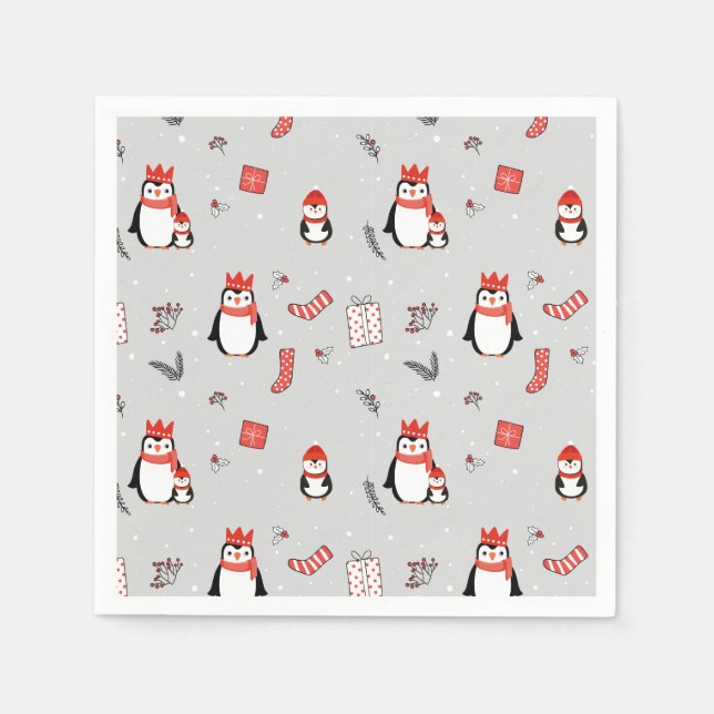 Serviette En Papier Noël Festif d'hiver Famille Pingouin fête (Devant)