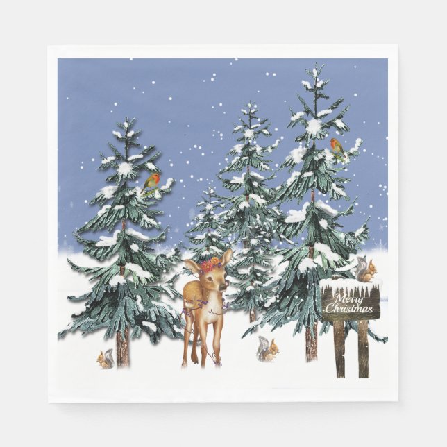 Serviette En Papier Noël Forêt Enchantée de Cerfs et Pins (Devant)