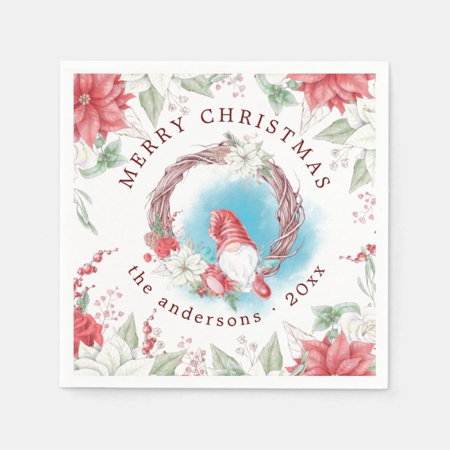 Serviette En Papier Noël gnome vacances élégant floral (Devant)