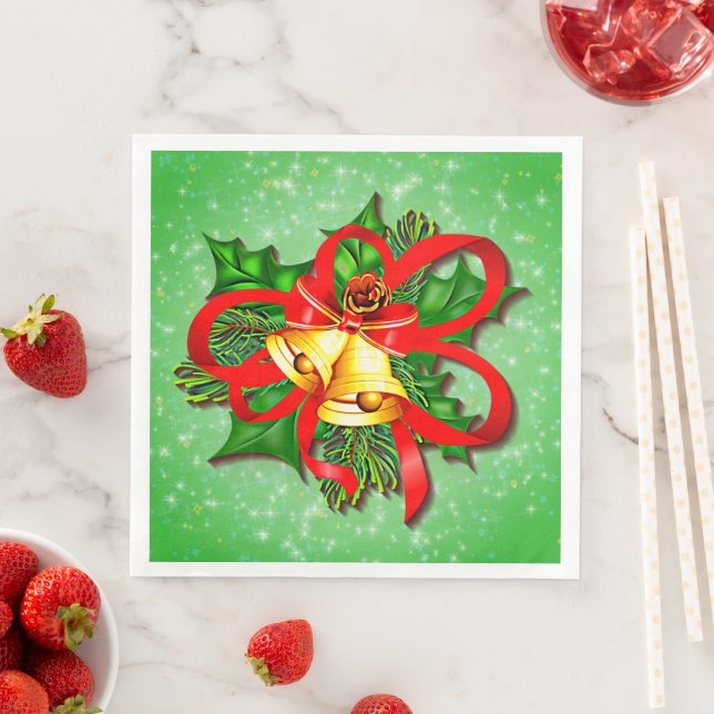 Serviette En Papier Noël Gold Bells Green Holly Red Ribbon (En situation)