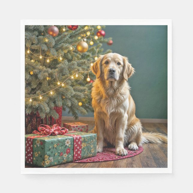 Serviette En Papier Noël Golden Retriever avec des cadeaux (Devant)