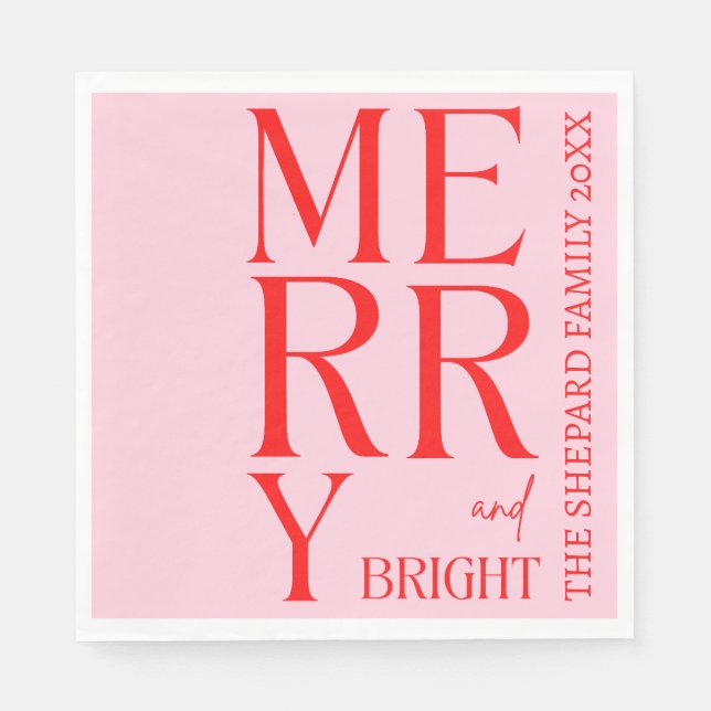 Serviette En Papier Noël Joyeux et rose rouge vif 2025 (Devant)