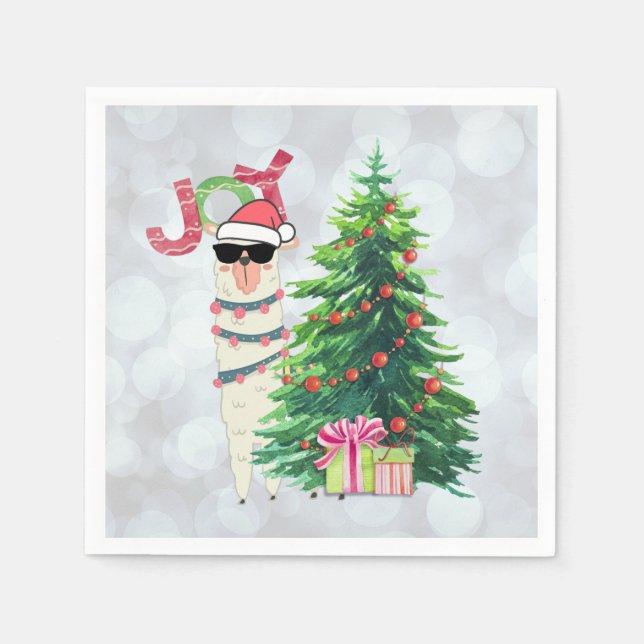 Serviette En Papier Noël Llama | Joy Typography | Silver Bokeh (Devant)