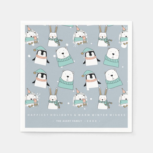 Serviette En Papier Noël mignon Animaux style dessin personnalisé (Devant)