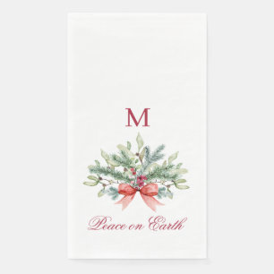 Serviette En Papier Noël Paix sur Terre Rouge Monogramme Vert