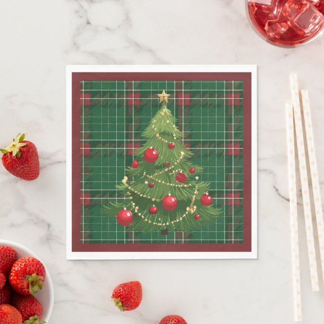Serviette En Papier Noël Plaid Green, Rouge (En situation)