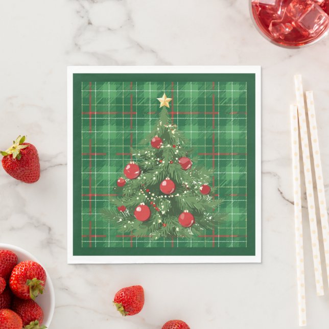 Serviette En Papier Noël Plaid vert avec rouge (En situation)