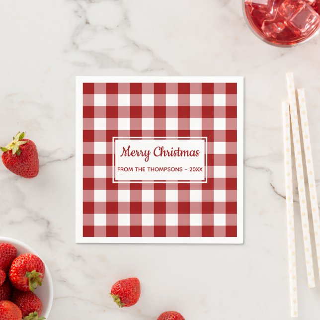 Serviette En Papier Noël Rouge Blanc Buffle Chèque Nom Fête (En situation)