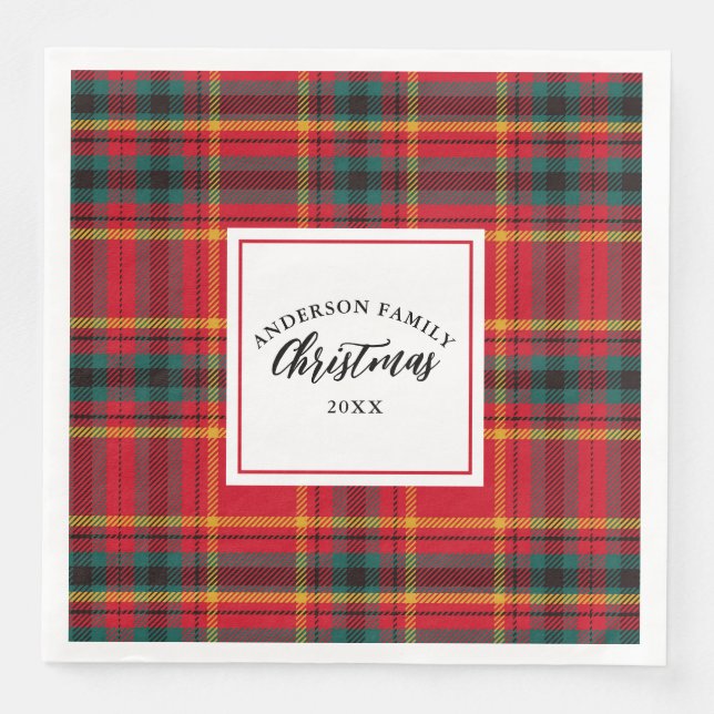 Serviette En Papier Noël Tartan Plaid Nom de famille Année (Devant)