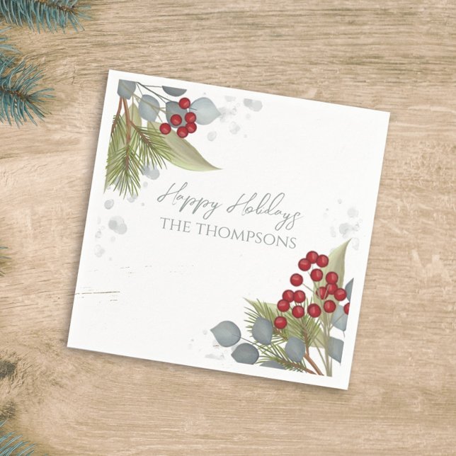 Serviette En Papier Noël Vacances Holly Berries Verdure Argent (Créateur téléchargé)