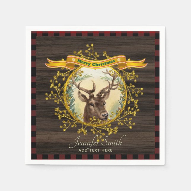 Serviette En Papier Noël Vintage Cerf Plaid Buffalo Personnalisé (Devant)