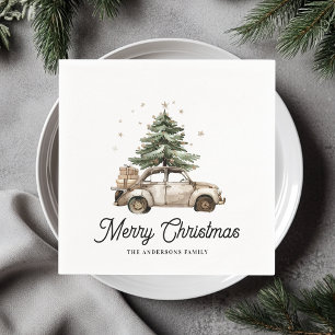Serviette En Papier Noël Vintage Voiture Aquarelle Arbre Personnalisé