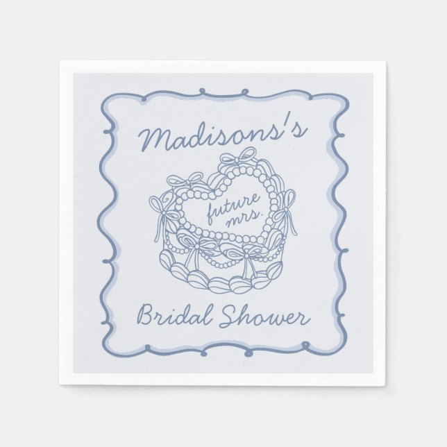 Serviette En Papier Nœud Bleu Rétro Cœur Coquette Gâteau Baby Shower M (Devant)