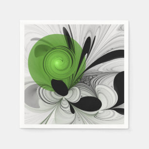 Serviette En Papier Noir Abstrait et blanc avec art fractal vert