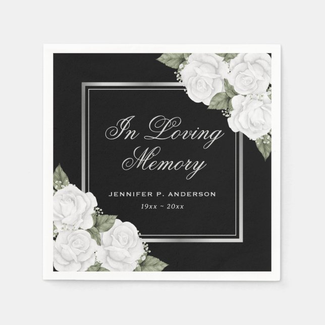 Serviette En Papier Noir blanc Argent Floral Funérailles (Devant)