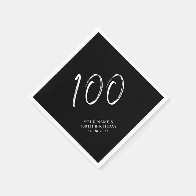 Serviette En Papier Noir & Blanc | Brosse Script 100e fête d'anniversa (Coin)