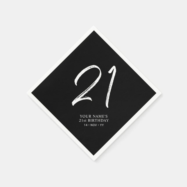 Serviette En Papier Noir & Blanc | Brosse Script 21e fête d'anniversai (Coin)