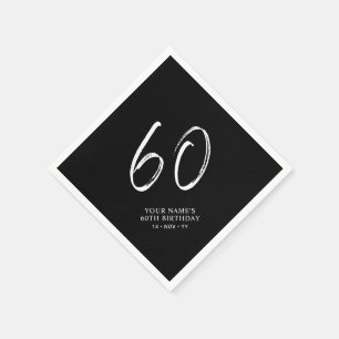 Serviette En Papier Noir & Blanc   Brosse Script 60e fête d'anniversai