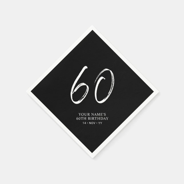 Serviette En Papier Noir & Blanc | Brosse Script 60e fête d'anniversai (Coin)