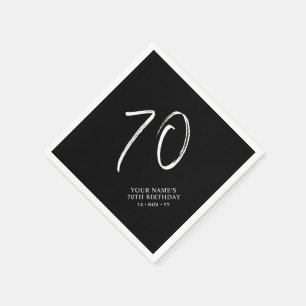 Serviette En Papier Noir & Blanc   Brosse Script 70e fête d'anniversai