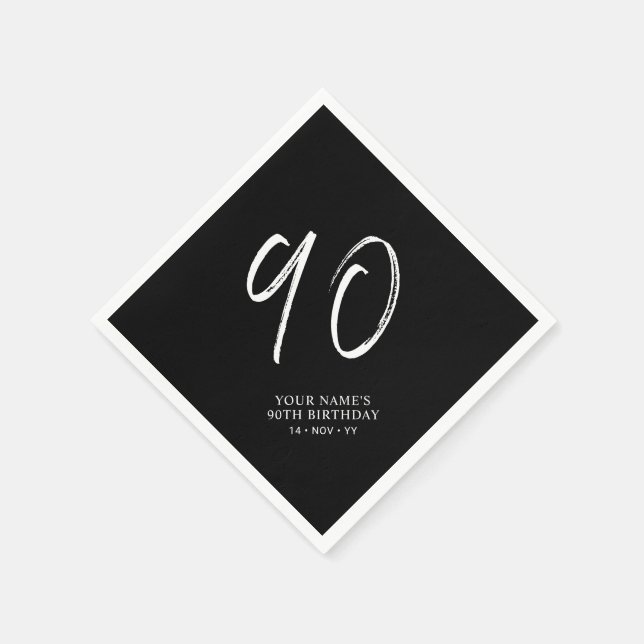 Serviette En Papier Noir & Blanc | Brosse Script 90e fête d'anniversai (Coin)