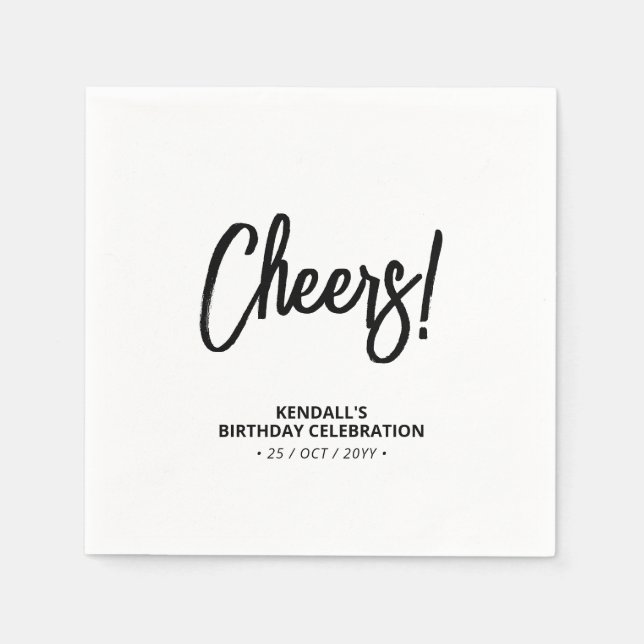 Serviette En Papier Noir & Blanc | Brush Lettering moderne Cheers! (Devant)