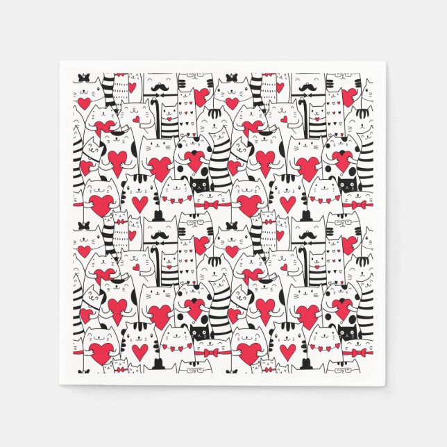 Serviette En Papier Noir Blanc Cute Chat Coeur Rouge (Devant)