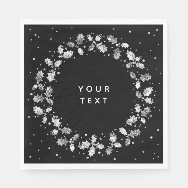 Serviette En Papier Noir + Blanc Imprimé main Holly Wreath Noël (Devant)