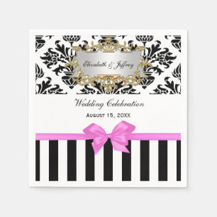 Serviette En Papier Noir Blanc Strique Damask Boule Gum rose Ribbon