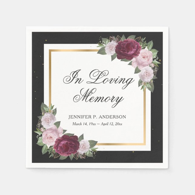 Serviette En Papier Noir Bourgogne Blush Or Floral serviettes funérair (Devant)