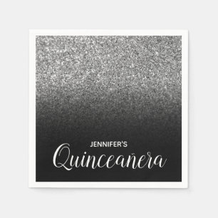Serviette En Papier Noir et Argent Paillettes Ombre Quinceanera