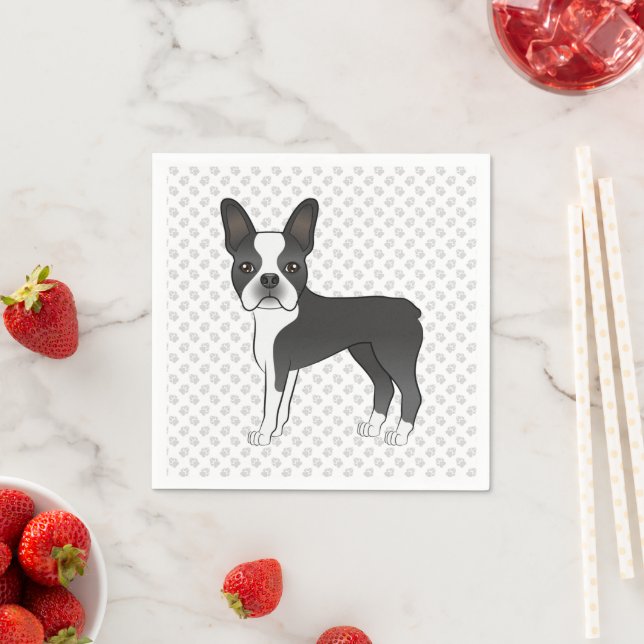 Serviette En Papier Noir Et Blanc Boston Terrier Cartoon Chien & Pâtes (En situation)
