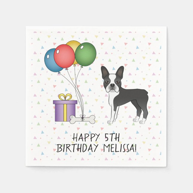 Serviette En Papier Noir Et Blanc Boston Terrier Cute Dog - Anniversai (Devant)