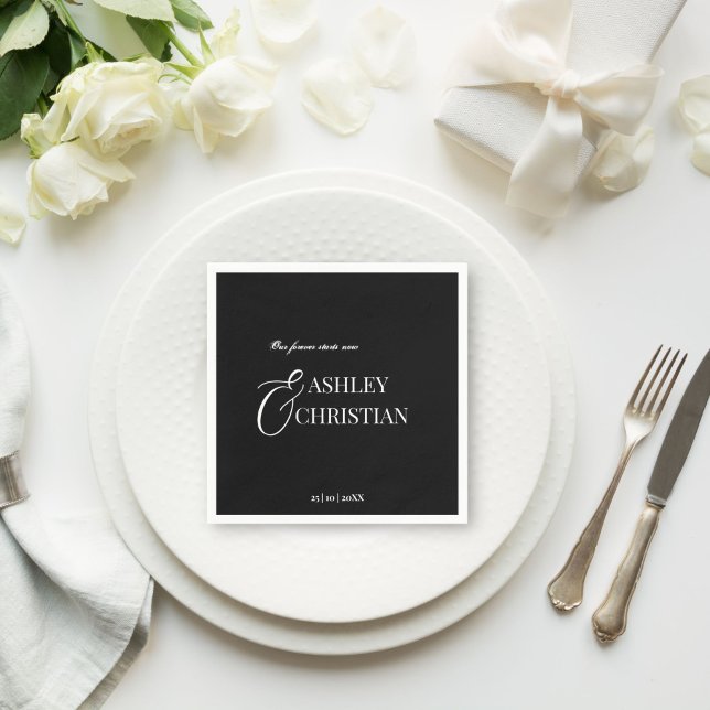 Serviette En Papier Noir et blanc élégant monogramme simple imprimé (Black and white elegant simple monogram printed napkins template personalized wedding tableware deco)