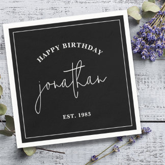 Serviette En Papier Noir et blanc minimaliste Anniversaire Nom personn