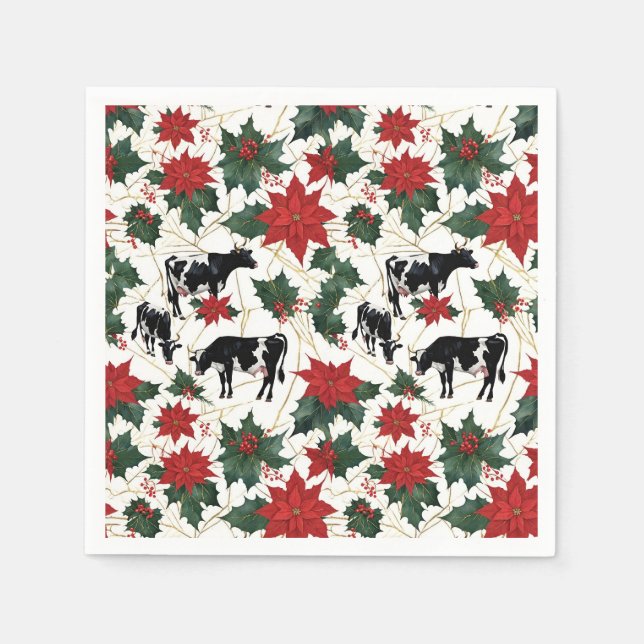 Serviette En Papier Noir et blanc Noël Holstein Vaches laitières Flora (Devant)