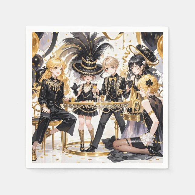 Serviette En Papier Noir et or, Luxe riche, style Moulin rouge (Devant)