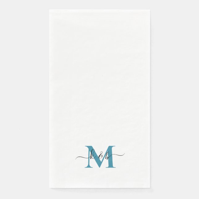 Serviette En Papier Noir et Turquoise Monogramme Lavage Script Blanc (Devant)
