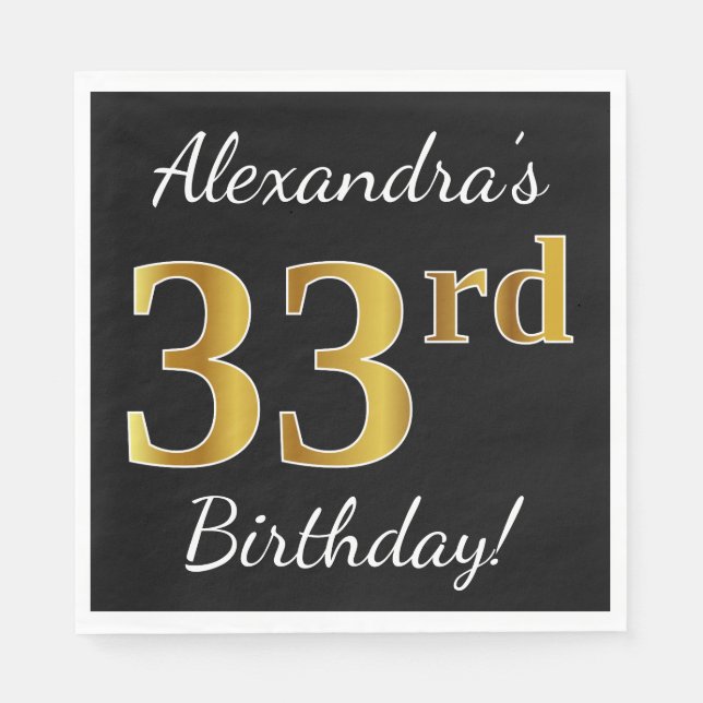 Serviette En Papier Noir, Faux Gold 33ème anniversaire + Nom personnal (Devant)