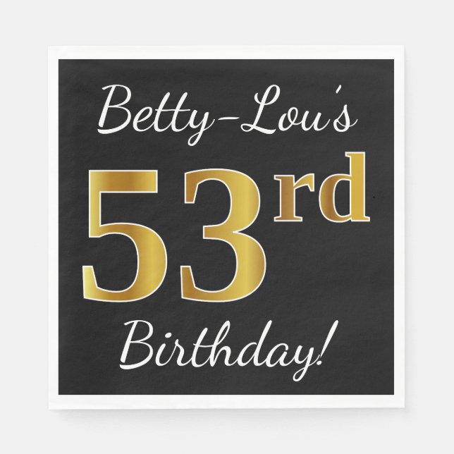 Serviette En Papier Noir, Faux Gold 53ème anniversaire + Nom personnal (Devant)