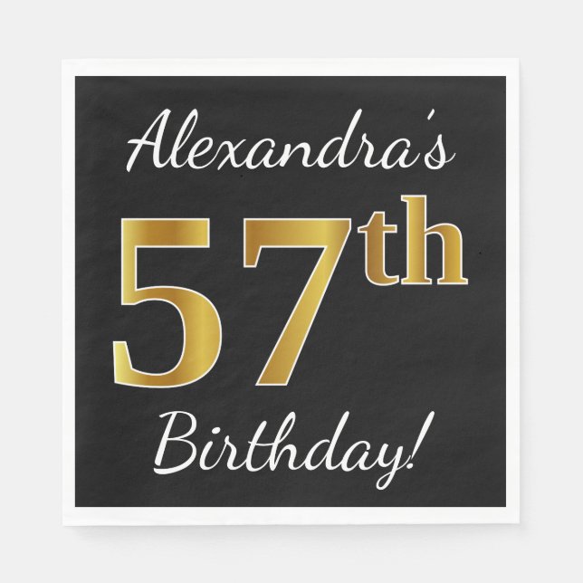 Serviette En Papier Noir, Faux Gold 57e anniversaire + Nom personnalis (Devant)