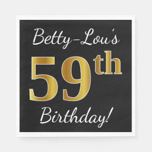 Serviette En Papier Noir, Faux Gold 59e anniversaire + Nom personnalis